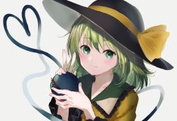 Rule 34 | 1girl, :3, blush, green eyes, green hair, happiness lilys, hat, heart, heart of string, highres, komeiji koishi, looking at viewer, medium hair, shirt, simple background, smile, solo, third eye, touhou, upper body, v, white background, yellow shirt