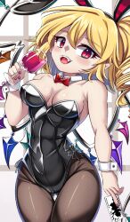 Rule 34 | 1girl, absurdres, alcohol, alternate breast size, animal ears, black leotard, blonde hair, bow, bowtie, breasts, breasts apart, card, commentary request, crystal, cup, detached collar, doku yanagi, drinking glass, fake animal ears, fangs, flandre scarlet, highres, holding, holding card, holding cup, joker (playing card), large breasts, leotard, nail polish, one side up, pantyhose, playboy bunny, playing card, rabbit ears, red bow, red bowtie, red eyes, red nails, short hair, side-tie leotard, solo, strapless, strapless leotard, touhou, wine, wine glass, wings, wrist cuffs