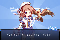 Rule 34 | 10s, 1girl, allied destroyer, bird, bird on hand, blue eyes, brown hair, command &amp; conquer: red alert 2, command &amp; conquer, fake screenshot, falcon, fingerless gloves, gloves, hat, kantai collection, langbazi, personification, school uniform, serafuku, skirt, solo, thighhighs, visual novel