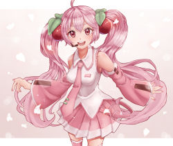 Rule 34 | 1girl, alternate color, alternate hair color, aya (zunzun zp), cherry blossoms, cherry hair ornament, detached sleeves, food, food-themed hair ornament, fruit, hair ornament, hatsune miku, headset, highres, long hair, looking at viewer, name connection, necktie, object namesake, petals, pink eyes, pink footwear, pink hair, sakura miku, smile, solo, twintails, very long hair, vocaloid