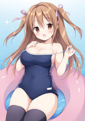 Rule 34 | 1girl, :d, bare arms, bare shoulders, black thighhighs, blue one-piece swimsuit, blush, breasts, brown eyes, brown hair, cleavage, collarbone, commentary, competition school swimsuit, covered navel, hair between eyes, hair ribbon, hand on own chest, highres, innertube, izuminanase, large breasts, long hair, looking at viewer, one-piece swimsuit, open mouth, original, pink ribbon, ribbon, school swimsuit, smile, solo, sparkle, strap pull, swim ring, swimsuit, thigh gap, thighhighs, two side up, water