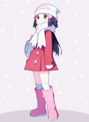 Rule 34 | 1girl, arm at side, bag, beanie, black hair, boots, buttons, coat, commentary request, creatures (company), dawn (pokemon), duffel bag, full body, game freak, hair ornament, hat, holding, kurochiroko, long hair, long sleeves, nintendo, over-kneehighs, pink footwear, pokemon, pokemon dppt, pokemon platinum, red coat, scarf, sidelocks, solo, standing, thighhighs, white bag, white hat, white scarf