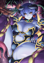 1girl armor astaroth_(shinrabanshou) black_leotard black_sclera blue_hair blue_nails blue_skin breasts bridal_gauntlets censored cleavage clenched_teeth clothing_cutout colored_sclera colored_skin commentary_request demon_girl demon_horns earrings feet_out_of_frame hassen_(8cm) heart heart_earrings highres holding_tentacle horns jewelry large_breasts leotard looking_at_viewer mosaic_censoring navel pantyhose pointy_ears purple_bridal_gauntlets purple_pantyhose pussy_juice shinrabanshou shoulder_armor slit_pupils stomach_cutout sweat teeth tentacles yellow_eyes