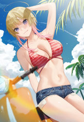 Rule 34 | 1girl, :3, :q, ahoge, arm behind head, arm up, armpits, bare arms, bare shoulders, bekotarou, bikini, blonde hair, blue eyes, blue shorts, blurry, blurry foreground, breasts, cleavage, closed mouth, commentary request, cutoffs, day, denim, denim shorts, exposed pocket, gradient hair, halterneck, highres, large breasts, looking at viewer, micro shorts, motor vehicle, multicolored hair, navel, original, outdoors, red bikini, scooter, short hair with long locks, short shorts, shorts, smile, solo, stomach, string bikini, striped bikini, striped clothes, sunlight, swimsuit, thighs, tongue, tongue out