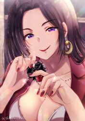 Rule 34 | 1girl, absurdres, artist name, breasts, brown hair, cattleya baudelaire, cleavage, day, earrings, hands up, highres, jewelry, large breasts, lipstick, long hair, looking at viewer, makeup, nail polish bottle, purple eyes, red nails, shimotsukishin, smile, solo, upper body, violet evergarden (series)