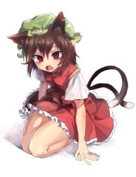 Rule 34 | 1girl, animal ears, blush, brown hair, cat ears, cat tail, chen, dress, earrings, fang, full body, hat, jewelry, kneeling, looking at viewer, mob cap, multiple tails, open mouth, red eyes, short hair, short sleeves, simple background, single earring, solo, tail, touhou, white background, zeikomi