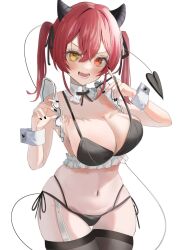 Rule 34 | 1girl, bikini, black bikini, black horns, black nails, black ribbon, black thighhighs, blush, breasts, cleavage, commentary request, cowboy shot, demon horns, demon tail, detached collar, fang, hair between eyes, hair ribbon, heterochromia, highres, hololive, horns, houshou marine, large breasts, lifted by self, long hair, looking at viewer, navel, open mouth, red eyes, red hair, ribbon, side-tie bikini bottom, simple background, skin fang, solo, stomach, strap lift, swimsuit, tail, tefu ekaki, thighhighs, twintails, virtual youtuber, white background, wrist cuffs, yellow eyes