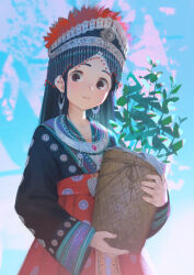 Rule 34 | 1girl, absurdres, basket, black hair, black kimono, brown eyes, closed mouth, commentary request, day, ddal, earrings, headdress, high-waist skirt, highres, holding, holding basket, japanese clothes, jewelry, kimono, long hair, long sleeves, looking at viewer, original, outdoors, parted bangs, red skirt, skirt, smile, solo, thick eyebrows, traditional clothes, wide sleeves