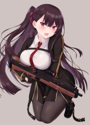 Rule 34 | 1girl, between legs, black footwear, black pantyhose, black skirt, blazer, blush, breasts, bullpup, collared shirt, girls&#039; frontline, gloves, gun, hair ribbon, half updo, hand between legs, head tilt, highres, holding, holding gun, holding weapon, jacket, large breasts, long hair, looking at viewer, minoshi, necktie, one side up, open mouth, pantyhose, purple hair, red eyes, red necktie, red ribbon, ribbon, rifle, shirt, shoes, simple background, skirt, sniper rifle, solo, striped clothes, striped shirt, trigger discipline, tsundere, tsurime, very long hair, wa2000 (girls&#039; frontline), walther, walther wa 2000, weapon, white shirt