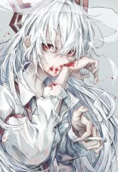 Rule 34 | 1girl, arm belt, arms up, blood, blood on face, blood splatter, blood on hands, cigarette, expressionless, fujiwara no mokou, grey background, hair between eyes, hair over eyes, hair ribbon, highres, holding, holding cigarette, long hair, long sleeves, looking at viewer, red eyes, ribbon, safutsuguon, shirt, silver hair, simple background, smoke, smoking, solo, standing, suspenders, touhou, unbuttoned sleeves, upper body, very long hair, white shirt, wiping face