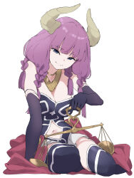Rule 34 | 1girl, arm support, aura (sousou no frieren), black corset, black footwear, black gloves, blue eyes, boots, braid, breasts, closed mouth, clothing cutout, commentary, corset, demon girl, demon horns, elbow gloves, gloves, gold necklace, highres, holding scale, horns, jewelry, long hair, looking at viewer, low-braided long hair, low-tied long hair, makkurourufu, medium breasts, multiple braids, navel cutout, necklace, purple hair, sitting, smile, solo, sousou no frieren, thigh boots, weighing scale, white background, yokozuwari