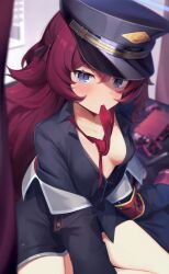Rule 34 | 1girl, absurdres, armband, black coat, black hat, blue archive, blue eyes, blush, breasts, coat, e buki, hair between eyes, hat, highres, iroha (blue archive), long hair, long sleeves, medium breasts, peaked cap, red armband, red hair, safety pin, solo