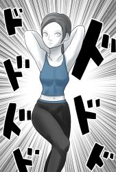 Rule 34 | 1girl, armpits, arms behind head, artist request, emphasis lines, grey eyes, grey hair, highres, leggings, midriff, nintendo, pale skin, ponytail, simple background, solo, sports bra, super smash bros., wii fit, wii fit trainer, wii fit trainer (female)