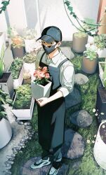Rule 34 | 1boy, absurdres, apron, baseball cap, collared shirt, dress shirt, duckchuni, earrings, flower, from above, grass, hat, highres, jewelry, leaf, looking at viewer, mask, mouth mask, original, plant, potted plant, rock, shirt, standing, white hair