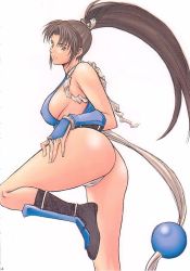 Rule 34 | 1girl, ass, bare shoulders, boots, breasts, brown hair, cameltoe, covered erect nipples, fatal fury, gloves, leg lift, long hair, momoi nanabei, panties, ponytail, pretty well, ribbon, shiranui mai, sideboob, snk, solo, the king of fighters, underwear, white panties