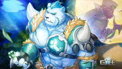 Rule 34 | abs, animal ears, armor, artist request, bear, bear ears, bernard (gyee), chest plate, flower, forest, furry, furry male, gauntlets, gyee, highres, logo, moon, moon (gyee), muscular, muscular male, nature, night, night sky, nipples, official art, pectoral cleavage, pectorals, scar, scar on chest, scar on face, scar on stomach, shoulder armor, shoulder pads, sky, staff, thick arms, tusks