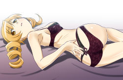 Rule 34 | 10s, 1girl, ass, blonde hair, bra, drill hair, highres, lace, lace-trimmed bra, lace-trimmed panties, lace trim, lingerie, long hair, lying, mahou shoujo madoka magica, mahou shoujo madoka magica (anime), on side, panties, purple bra, purple panties, sat-c, shiny skin, smile, solo, tomoe mami, twin drills, underwear, underwear only, yellow eyes