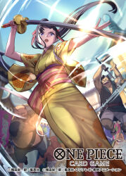 Rule 34 | 5boys, adachi yousuke, arms up, attack, black hair, blue eyes, commentary request, copyright name, feet out of frame, floral print kimono, glint, hair ribbon, holding, holding sword, holding weapon, kikunojo (one piece), looking ahead, male focus, multiple boys, obi, official art, one piece, one piece card game, open mouth, ponytail, red ribbon, ribbon, sandals, sash, sleeves rolled up, sword, weapon