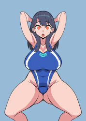 Rule 34 | 1girl, alternate costume, arms up, ass, bare arms, bare legs, bare shoulders, black hair, breasts, cameltoe, competition swimsuit, covered navel, empty eyes, expressionless, gridman universe, highres, huge ass, hypnosis, large breasts, long bangs, long hair, looking at viewer, mind control, nikujuu uc, official alternate costume, one-piece swimsuit, red eyes, shiny skin, solo, ssss.gridman, standing, swimsuit, takarada rikka, thighs
