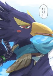 Rule 34 | 1boy, absurdres, bad id, bad pixiv id, bird boy, braid, cloud, commentary request, day, face, from side, green eyes, green scarf, highres, looking to the side, male focus, mi (mrm1117), nintendo, open mouth, outdoors, revali, rito, scarf, solo, speech bubble, the legend of zelda, the legend of zelda: breath of the wild, translation request
