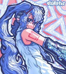 Rule 34 | 1girl, artist name, blue eyes, blue hair, blue necktie, curly hair, detached sleeves, ellie lotus, from side, hatsune miku, headphones, long hair, looking at viewer, necktie, shirt, sleeveless, sleeveless shirt, smile, solo, twintails, upper body, very long hair, vocaloid, white shirt