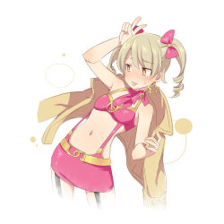 Rule 34 | 1girl, alternate hairstyle, arm up, bad id, bad pixiv id, bare arms, bare shoulders, blush, bow, breasts, brown eyes, brown hair, closed mouth, cosplay, cosplay request, cropped legs, earrings, garter straps, hair between eyes, hair bow, idolmaster, idolmaster cinderella girls, jewelry, looking away, morikubo nono, navel, nose blush, pink bow, pink skirt, ringlets, simple background, skirt, small breasts, solo, star (symbol), star earrings, tongue, tongue out, twintails, uccow, v, white background