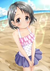 Rule 34 | 1girl, bare arms, bare shoulders, beach, black eyes, black hair, blue skirt, blue sky, blush, camisole, closed mouth, cloud, cloudy sky, collarbone, day, hair ornament, hairclip, highres, horizon, idolmaster, idolmaster cinderella girls, ocean, outdoors, pleated skirt, polka dot, polka dot camisole, rabbit hair ornament, regular mow, sand, sasaki chie, skirt, sky, solo, standing, water, white camisole