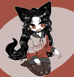 Rule 34 | 1girl, adapted costume, animal ears, black hair, blush stickers, breasts, brown background, brown pantyhose, fang, hand gesture, imaizumi kagerou, long hair, magenta background, nail polish, no shoes, pantyhose, purple background, red eyes, red nails, seiza, sitting, small breasts, solo, sweater, tail, talking, touhou, two-tone background, very long hair, wolf ears, wolf tail, yt (wai-tei)