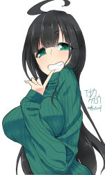 Rule 34 | 1girl, ahoge, black hair, breasts, finger to mouth, green eyes, grin, inaka keikou, large breasts, long hair, original, ribbed sweater, smile, solo, sweater, turtleneck, upper body, very long hair