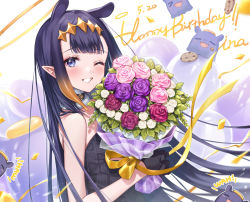 Rule 34 | 1girl, black gloves, blue eyes, blue hair, blunt bangs, bouquet, character name, clenched teeth, dark blue hair, flower, fur choker, gloves, happy birthday, headpiece, highres, holding, holding bouquet, hololive, hololive english, long hair, looking at viewer, mole, mole under eye, ninomae ina&#039;nis, one eye closed, pink flower, pointy ears, purple flower, ribbon, shiao, smile, solo, takodachi (ninomae ina&#039;nis), teeth, tentacle hair, upper body, virtual youtuber, white flower, yellow ribbon