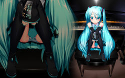 Rule 34 | 1girl, aqua eyes, aqua hair, black thighhighs, blush, boots, detached sleeves, hatsune miku, headset, highres, instrument, long hair, necktie, panties, pantyshot, piano, piano bench, sitting, skirt, smile, solo, striped clothes, striped panties, thigh boots, thighhighs, twintails, underwear, upskirt, very long hair, vocaloid, wallpaper, zoom layer