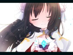 Rule 34 | 1girl, arch bishop (ragnarok online), asuta (kinakomoti300), blush, brown hair, cleavage cutout, closed eyes, closed mouth, clothing cutout, commentary request, cross, crystal, dress, flat chest, hairband, highres, letterboxed, long hair, medium bangs, ragnarok online, red dress, smile, solo, two-tone dress, upper body, white background, white dress, white hairband