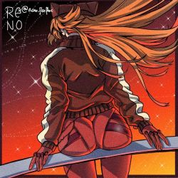 Rule 34 | 1girl, arm support, artist request, ass, ass focus, back, bodysuit, evangelion: 3.0 you can (not) redo, floating hair, gradient background, hat, huge ass, jacket, lips, multicolored background, neon genesis evangelion, plugsuit, rebuild of evangelion, red bodysuit, sitting, sky, solo, souryuu asuka langley, wide hips