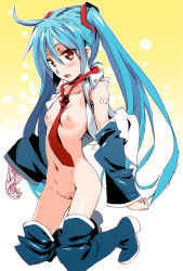 Rule 34 | 1girl, between breasts, blue hair, boots, bottomless, breasts, china (ekimore), collarbone, detached sleeves, hair between eyes, hair ornament, hatsune miku, holding, holding clothes, holding panties, holding underwear, kneeling, long hair, navel, necktie, necktie between breasts, nipples, open clothes, open mouth, open shirt, panties, unworn panties, pussy, red necktie, shirt, sidelocks, simple background, small breasts, solo, tattoo, thigh boots, thighhighs, twintails, uncensored, underwear, very long hair, vocaloid