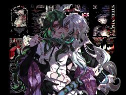 Rule 34 | 2girls, black gloves, black nails, blood, blood on clothes, blood on hands, blood stain, blush, commentary request, eye contact, face-to-face, fangs, gloves, grabbing, grabbing another&#039;s breast, green eyes, green hair, heads together, holding, holding pen, hug, hug from behind, imminent kiss, looking at another, mamaloni, multicolored hair, multiple girls, nail polish, oak casket (path to nowhere), path to nowhere, pen, pointing, pointing at another, purple eyes, purple lips, purple shawl, raven (path to nowhere), scar, scar across eye, scar on face, scar on forehead, sharp teeth, shawl, shirt, streaked hair, teeth, tongue, tongue out, white hair, white shirt, yuri