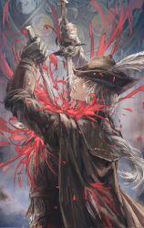 Rule 34 | 1girl, arms up, baiyeju8, black cape, black gloves, black hat, blood, bloodborne, blue eyes, braid, braided ponytail, cape, chinese commentary, commentary request, dual wielding, expressionless, from behind, gloves, grey hair, hair ribbon, hat, hat feather, highres, holding, holding sword, holding weapon, lady maria of the astral clocktower, long hair, looking at viewer, looking back, parted lips, realistic, ribbon, self-harm, single braid, solo, stab, sword, tricorne, upper body, weapon