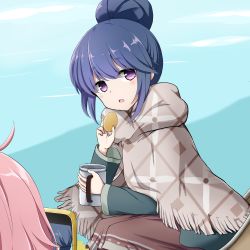 Rule 34 | 2girls, blue hair, blue jacket, blush, brown skirt, cellphone, commentary request, cup, food, fringe trim, hair between eyes, hair bun, hand up, highres, holding, holding cup, holding food, jacket, kagamihara nadeshiko, kuena, leaning forward, long sleeves, looking at viewer, mug, multiple girls, out of frame, parted lips, phone, pink hair, purple eyes, shima rin, single hair bun, sitting, skirt, solo focus, taking picture, yurucamp