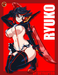 Rule 34 | 1girl, black hair, blue eyes, boots, breasts, full body, garter straps, grin, hair ornament, hairclip, high heel boots, high heels, kill la kill, kneeling, large breasts, matoi ryuuko, microskirt, multicolored hair, navel, over shoulder, red hair, revealing clothes, short hair, skirt, skyraptor, smile, solo, streaked hair, suspenders, thigh boots, thighhighs, thighs, two-tone hair, underboob, weapon, weapon over shoulder