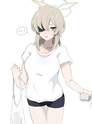 Rule 34 | ..., 1girl, bag, black shorts, blue archive, casual, collarbone, eyepatch, green eyes, green hair, green halo, halo, highres, opening door, shirt, shorts, simple background, solo, speech bubble, suou (blue archive), sweatdrop, uni gyoza, white background, white shirt