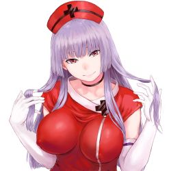 Rule 34 | 1girl, blunt bangs, breasts, choker, covered erect nipples, elbow gloves, gloves, half-closed eyes, hat, hell&#039;s channel, large breasts, long hair, looking at viewer, nurse cap, rokudou mei, shu-mai, simple background, smile, solo, very long hair, virtual youtuber, white background, white gloves