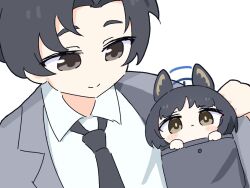Rule 34 | 1boy, 1girl, :&lt;, animal ears, black hair, black necktie, blue archive, blue archive the animation, blue halo, blush stickers, brown eyes, chibi, closed mouth, collared shirt, commentary request, formal, grey suit, halo, in pocket, kikyou (blue archive), looking at another, looking at viewer, male focus, necktie, pocket, sensei (blue archive), sensei (blue archive the animation), shirt, short hair, simple background, smile, suit, umihio, upper body, white background, white shirt