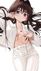 Rule 34 | 1girl, blue eyes, blush, breasts, brown hair, collarbone, commentary request, earrings, elisia valfelto, eyebrows hidden by hair, hair between eyes, hair intakes, hand up, highres, jewelry, long hair, long sleeves, looking at viewer, luicent, lying, navel, necktie, on back, open clothes, open shirt, original, pants, pinstripe pants, pinstripe pattern, shirt, simple background, small breasts, solo, striped clothes, striped pants, striped shirt, thick eyebrows, vertical-striped clothes, vertical-striped pants, vertical-striped shirt, very long hair, white background, white pants, white shirt