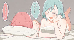 Rule 34 | 2girls, :d, aqua hair, bang dream!, blush, commentary request, covering face, closed eyes, head in hand, head rest, hikawa hina, leg up, lying, maruyama aya, multiple girls, nude, on stomach, open mouth, pillow, red hair, shibasaki shouji, short hair, smile, speech bubble, sweat, tagme, translation request, yuri