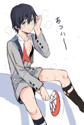 Rule 34 | 10s, 1boy, absurdres, black hair, blouse, blue eyes, chicke iii, commentary request, darling in the franxx, grey shirt, grey shorts, grey socks, hand fan, hand on own head, highres, hiro (darling in the franxx), holding, holding fan, legwear garter, long sleeves, male focus, military, military uniform, necktie, open clothes, open shirt, paper fan, red necktie, scar, scar on chest, shirt, shorts, sitting, smoke, socks, solo, sweat, translated, uniform