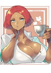 Rule 34 | 1girl, blue eyes, breasts, chikoinochi, cleavage, coffee cup, cup, dark-skinned female, dark skin, disposable cup, facial mark, female focus, fingerless gloves, forehead mark, giovanna (guilty gear), gloves, guilty gear, guilty gear strive, highres, huge breasts, red hair, short hair, solo, upper body