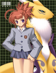 1girl ahoge arm_behind_back barcode blue_skirt buttons character_name closed_mouth digimon digimon_(creature) digimon_tamers grey_shirt grid_background hakoiri_nyanko legs_together long_sleeves makino_ruki miniskirt pleated_skirt ponytail purple_eyes red_hair renamon school_uniform shirt short_hair short_ponytail skirt standing white_undershirt