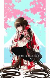 Rule 34 | 1girl, absurdly long hair, black pantyhose, black skirt, blunt bangs, border, bracelet, brown hair, closed mouth, collarbone, commentary, criis-chan, danganronpa (series), danganronpa v3: killing harmony, dragon print, floral print, full body, hair ornament, hair scrunchie, hand on own cheek, hand on own face, hand on own knee, harukawa maki, iceberg, jacket, jewelry, long hair, long sleeves, looking at viewer, low twintails, mole, mole under eye, pantyhose, plaid, plaid skirt, pleated skirt, print jacket, red eyes, red footwear, red jacket, red scrunchie, scrunchie, shoes, skirt, solo, squatting, symbol-only commentary, twintails, very long hair, white border, white footwear, white jacket