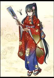 Rule 34 | 1girl, alternate costume, black border, black hair, blush, border, breasts, brown eyes, floral print, full body, hagoita, hair between eyes, hair ornament, hair scrunchie, highres, holding, japanese clothes, kantai collection, kimono, long hair, long sleeves, new year, okobo, paddle, ponytail, red kimono, sandals, scrunchie, seitei (04seitei), sidelocks, smile, solo, standing, very long hair, wide sleeves, yahagi (kancolle)