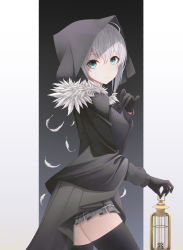 Rule 34 | 1girl, absurdres, ahoge, aqua eyes, black gloves, black ribbon, black skirt, black thighhighs, breasts, cloak, closed mouth, commentary request, fakegeo, fate/grand order, fate (series), feather trim, feathers, from side, gloves, gray (fate), highres, holding, holding lantern, hood, hooded cloak, lantern, long sleeves, looking at viewer, looking to the side, lord el-melloi ii case files, medium breasts, miniskirt, plaid, plaid skirt, pleated skirt, ribbon, short hair, silver hair, skirt, solo, thighhighs, zettai ryouiki
