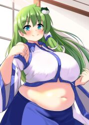Rule 34 | 1girl, alternate body size, belly, blue eyes, blue skirt, blush, breasts, clenched hands, closed mouth, commentary request, cowboy shot, detached sleeves, frog hair ornament, green hair, hair between eyes, hair ornament, kochiya sanae, large breasts, long hair, looking at viewer, navel, nerizou, plump, skirt, sleeveless, solo, split mouth, touhou, white background, wide sleeves, wing collar